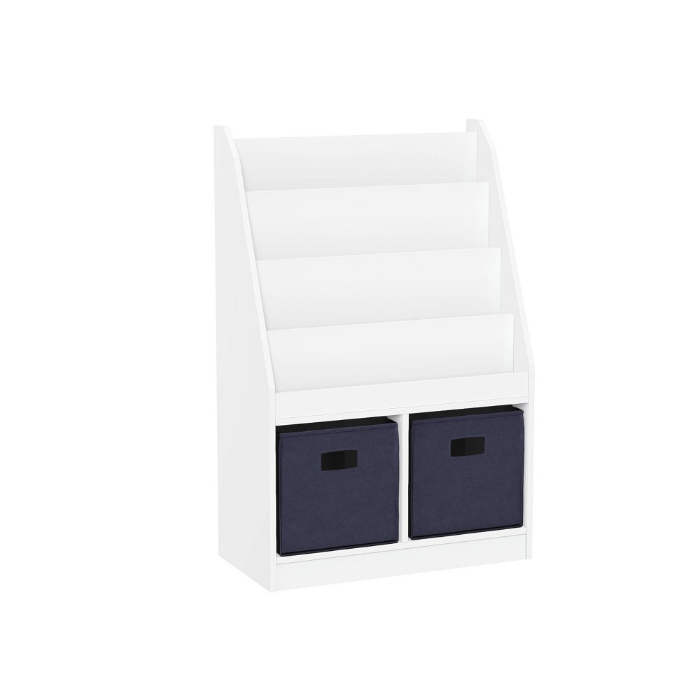RiverRidge Kids' Bookshelf and Toy Storage Organizer with 4 Bookracks and 2 Cubbies White with 2 Navy Fabric Bins