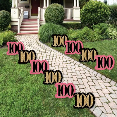 Big Dot of Happiness Chic 100th Birthday - Pink, Black and Gold Lawn Decorations - Outdoor Birthday Party Yard Decorations - 10 Piece