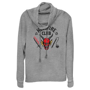 Juniors Womens Stranger Things Welcome to the Hellfire Club Cowl Neck Sweatshirt - 1 of 4