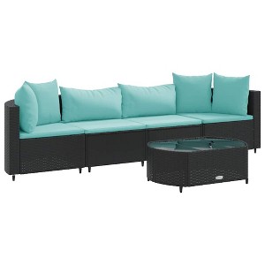 vidaXL Patio Sofa Set with Cushions Lounge Setting Outdoor Furniture Poly Rattan - Black and Blue - 1 of 4