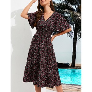 Women's Casual Wrap V Neck Midi Dress Short Sleeve Smocked Waist Tiered A Line Pleated Flowy Long Dress - 1 of 4