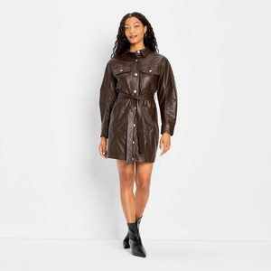 Women's Long Sleeve Faux Leather Mini Shirtdress - Future Collective Brown - 1 of 3