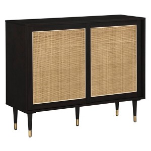 Allen Mid-Century Modern Buffet Black/Natural - Angelo:Home: Rattan Sliding Doors, Tapered Legs - 1 of 4