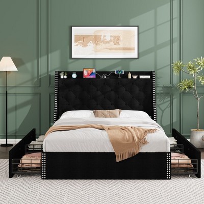 Garvee Bed Frame with 4 Storage Drawers and Wingback Storage Headboard, Charging Station with Type-C & USB Ports(Black/Gray,Full/Queen)