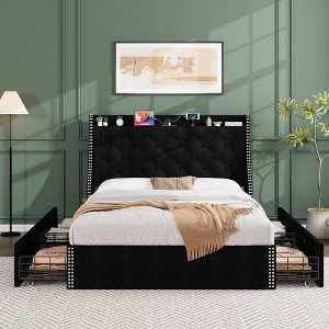 Garvee Bed Frame with 4 Storage Drawers and Wingback Storage Headboard, Charging Station with Type-C & USB Ports(Black/Gray,Full/Queen) - 1 of 4