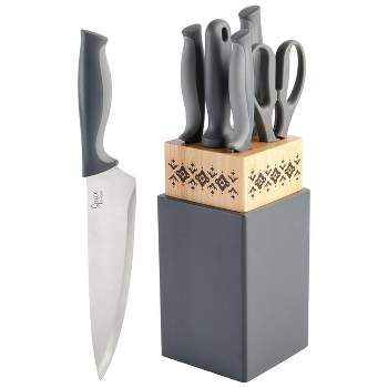 Spice By Tia Mowry 7 Piece Stainless Steel Cutlery Wood Block Set in Grey