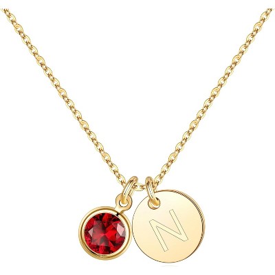 Personalized Birthstone Necklace 14K Gold Plated Initial Disc Jewelry Gift 01-Jan-Lab Grown Garnet-N