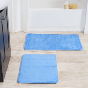 Bathroom Rug Set-2-Piece Memory Foam Bath Mats-Striped Microfiber Top-Non-Slip Absorbent Runner for Bathroom or Kitchen by Hastings Home (Blue) - 1 of 4