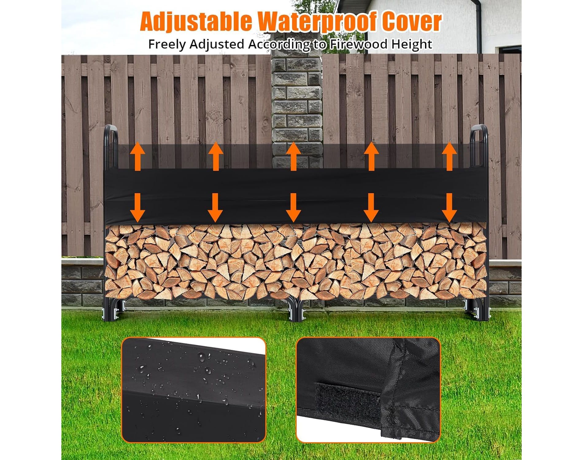 8 Ft Firewood Rack Outdoor, Firewood Rack With Anti-Rust Coating and Waterproof Cover, Firewood Holder for Outdoor/Indoor, Black