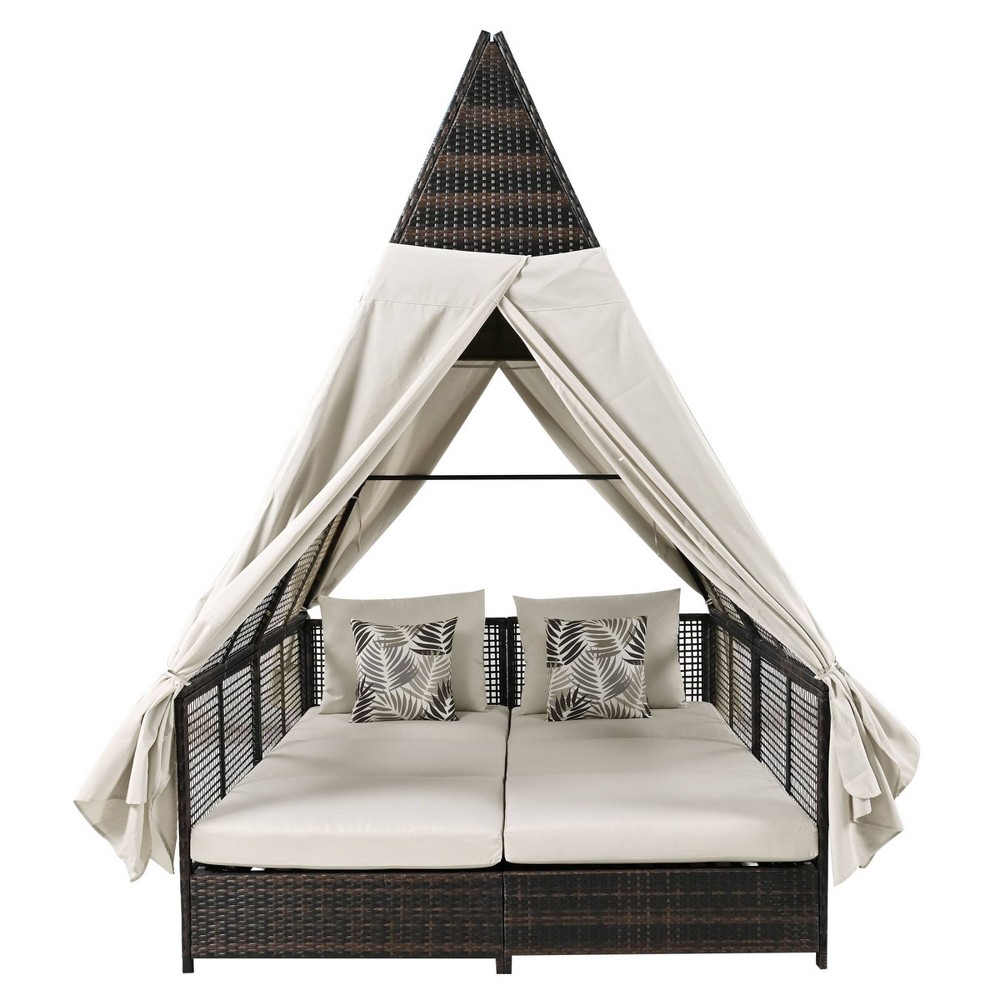 Nestfair Wicker Outdoor Day Bed Lounge Bed with Adjustable Backrest and Cushions Beige