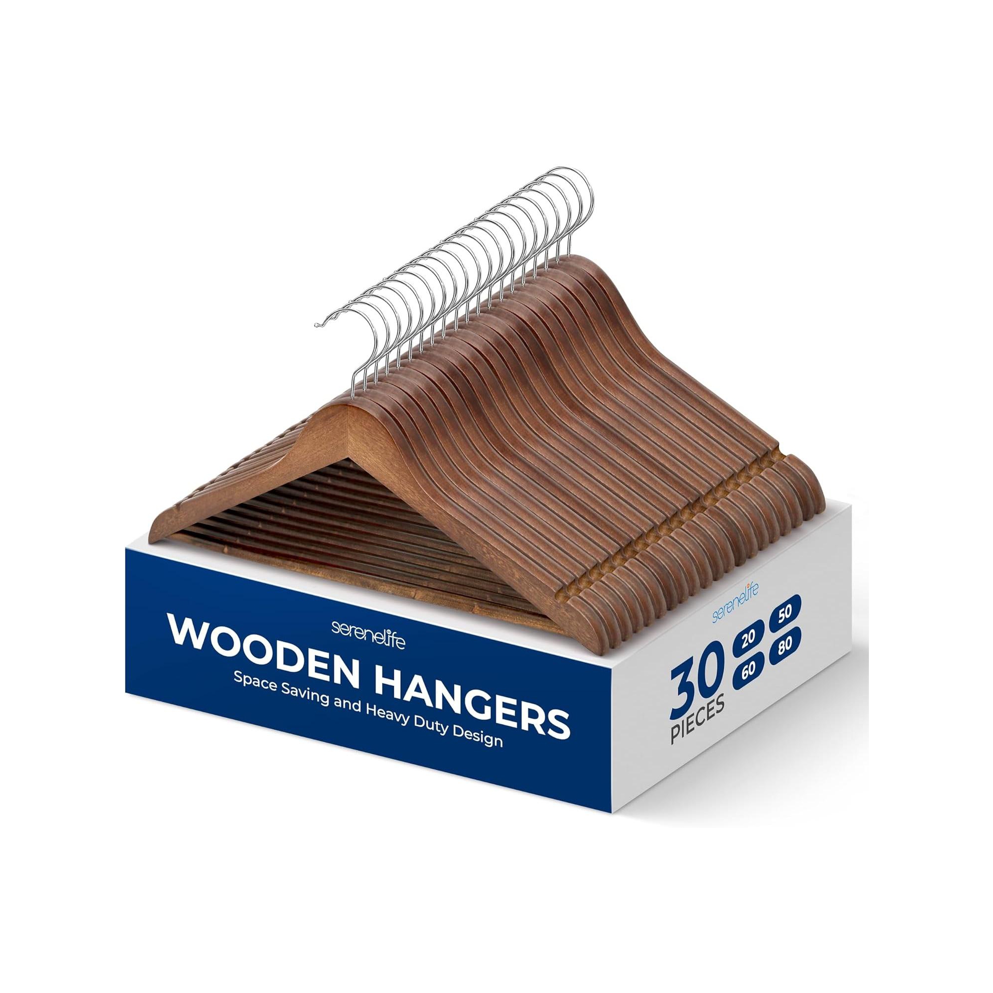 SereneLife 30 Pack Wooden Clothes Hangers – Heavy Duty Wood with Non-Slip Notches - SLHWDVINT30