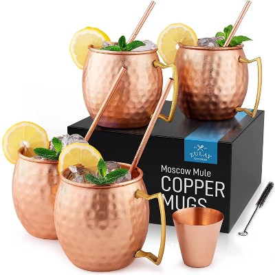 Copper Mugs Moscow Mule Set Of 4 - 16oz Handcrafted with Hammered Finish Pure Solid Copper Set Of 4 Includes 1 Shot Glass 4 Straws  1 Cleaning Brush