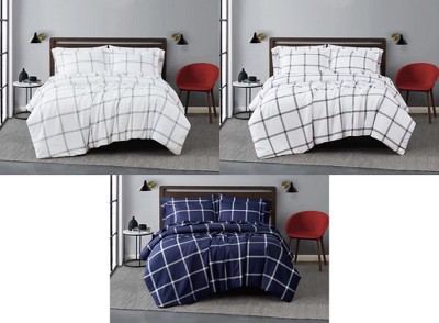 Navy and White Windowpane Microfiber Duvet Cover Set