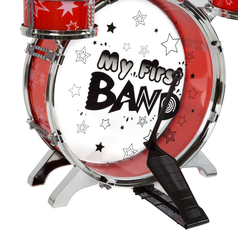 Toy Time Kids' Drum Set - 7 Piece Set with Bass Drum with Foot Pedal, Tom Drums, Cymbal, Stool and Drumsticks - Red, 3 of 8