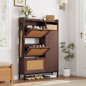 Rattan Shoe Cabinet, Narrow Freestanding Shoe Organizer with 3 Flip-Drawers & 4 Adjustable Shelves, Shoe Storage Cabinet - 1 of 4