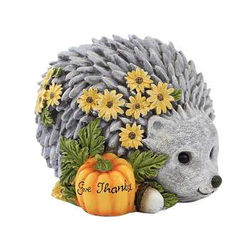Home & Garden Hedgehog Statue Harvest Flowers  -  One Garden Statue 6.25 Inches -  Give Thanks Pumpkin  -  135010  -  Polyresin  -  Gray