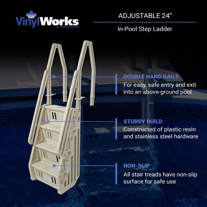 Vinyl Works Deluxe Adjustable 24-Inch Wide In-Pool Step Ladder Entry System for 46 to 60 Inch High Above Ground Swimming Pools with Non-Slip Steps, 2 of 7