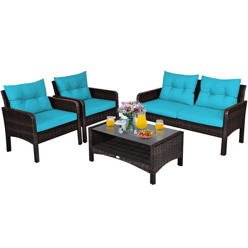 Costway 4PCS Patio Rattan Furniture Set Loveseat Sofa Coffee Table W/Turquoise Cushion, 2 of 11
