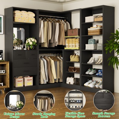 Aheaplus Corner Closet System with Mirror and Drawers, Wardrobe Organizer with Hanging Rods