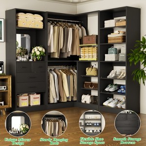 Aheaplus Corner Closet System with Mirror and Drawers, Wardrobe Organizer with Hanging Rods - 1 of 4