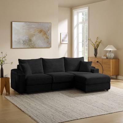 MYINDA 104.3'' Corduroy Deep Seat Sectional Sofa, Thick Padded Multi-Person Sofa with Storage Armrests, USB and Cell Phone Holder