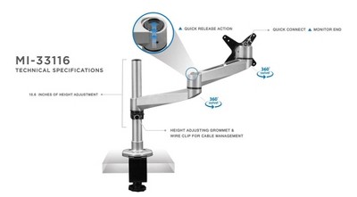 Silver Adjustable Die-Cast Aluminum Single Monitor Desk Mount