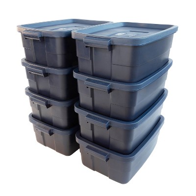 Rubbermaid Roughneck 10 Gallon Plastic Tote Container Bin with Stay Tight Lid for Rugged, Reusable, Stackable Storage, Dark Indigo Metallic (16 Pack)