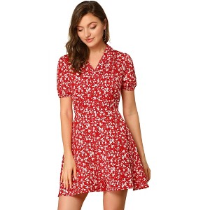 Allegra K Women's Button Up Short Sleeve A-Line Chiffon Vintage Floral Shirt Dress - 1 of 4
