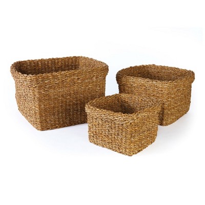 Plum & Post Seagrass Square Baskets With Cuffs, Set Of 3