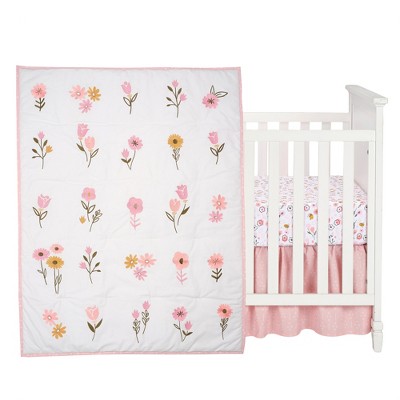 White and Pink Floral Cotton Baby Crib Bedding Set