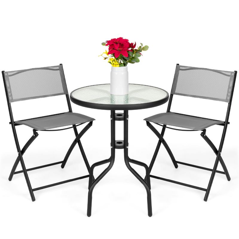 Best Choice Products 3-Piece Patio Bistro Dining Furniture Set w/ Round Textured Glass Tabletop, Folding Chairs, 1 of 11