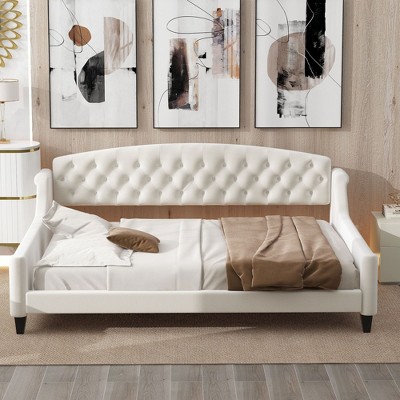 PAGED Full Size Upholstered Daybed Modern Tufted Button Bed Wooden Bed Frame for Bedroom and Living Room Room, Beige