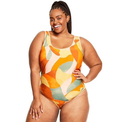 Women's Mixed Paint Print High Leg Cheeky One Piece Swimsuit - Fe Noel X  Target Orange/brown/peach 1x : Target