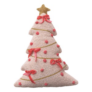 Storied Home Beaded Tree Shaped Pillow with Hand-Embroidery, Pom Poms, Appliqued Velvet Bows and Velvet Back, Pink and Gold Color - 1 of 2