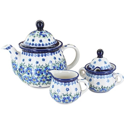 3 Piece Blue Tea Set, Blue Rose Teapot, Creamer & Covered Sugar