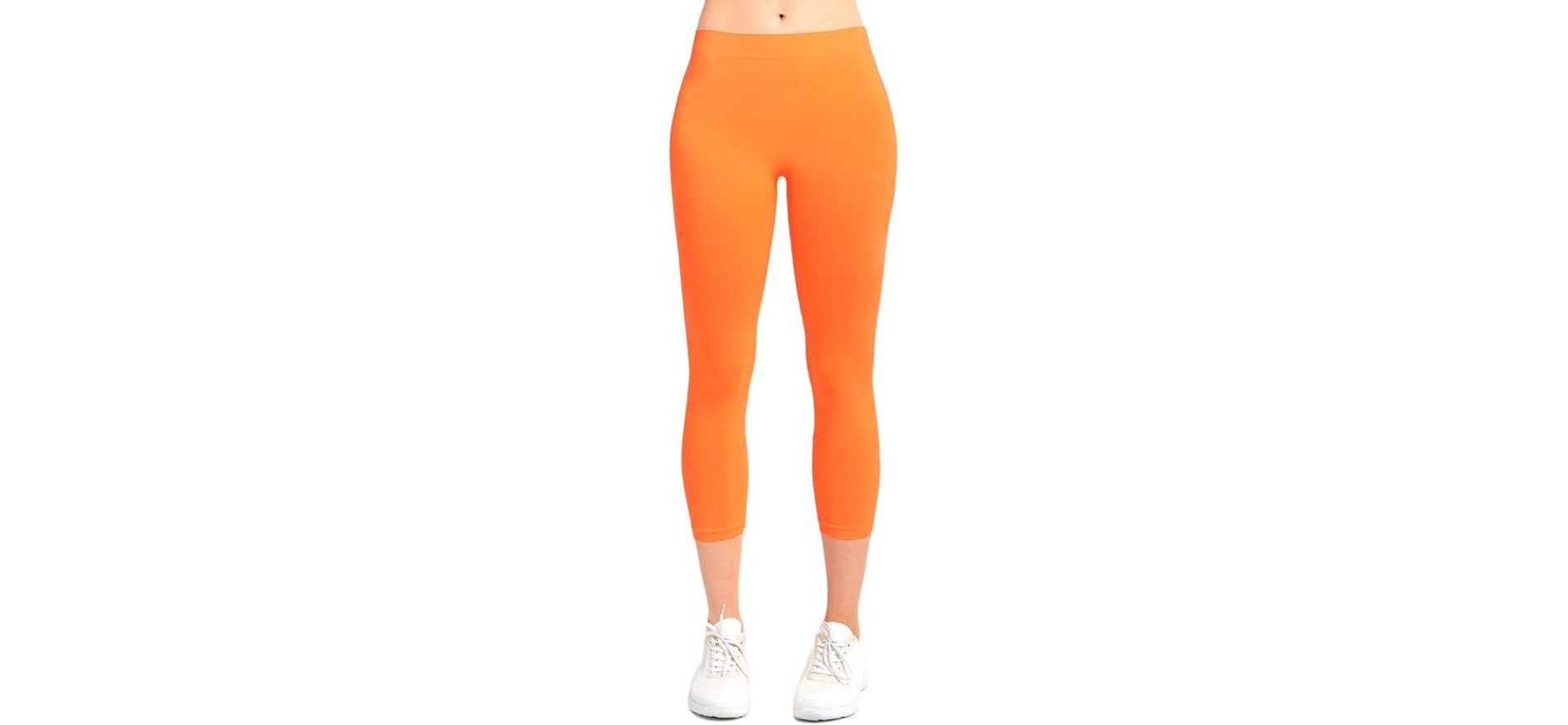 MOPAS Soft Stretch Nylon Blend Unlined Capri Length Leggings with Ribbed Elastic Waistband - Neon Orange (EX004_NOR)