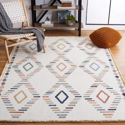 Ivory and Multicolor Square Wool and Synthetic Area Rug