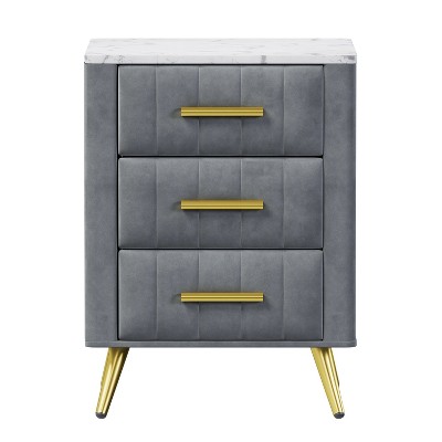 Upholstered Wooden Nightstand 3 Drawers Metal Legs Bedside Table Grey with Marbling Worktop