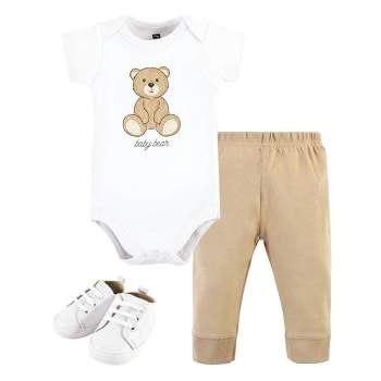 Hudson Baby Cotton Bodysuit, Pant and Shoe Set, Teddy Bears Short Sleeve