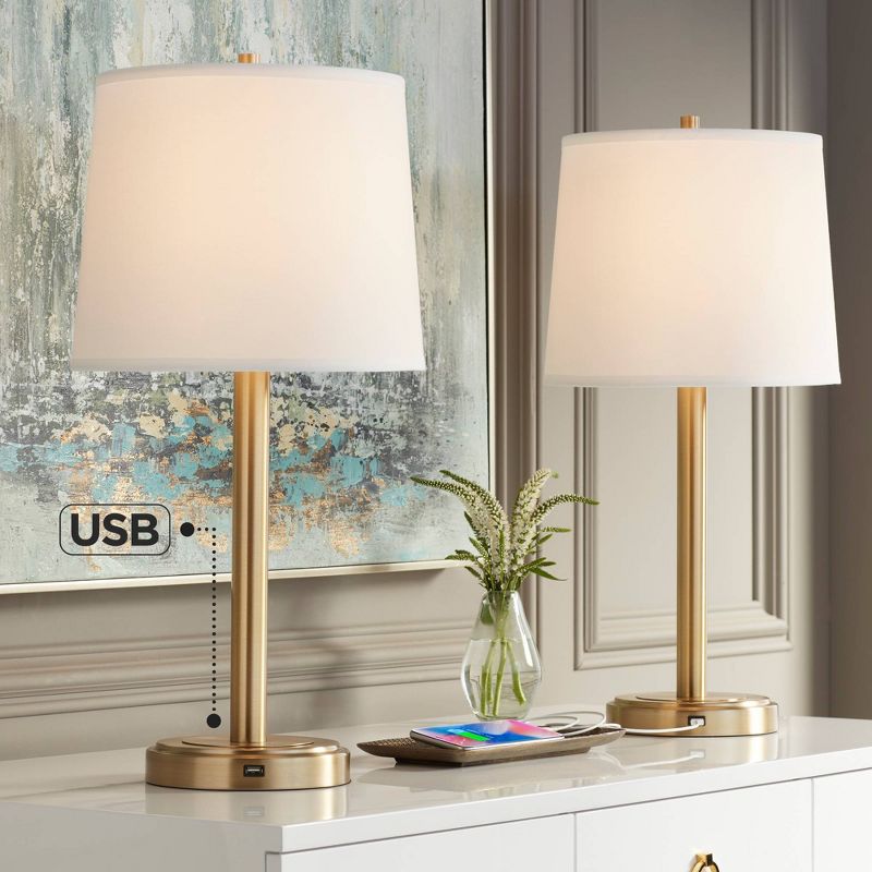 360 Lighting Camile Modern Table Lamps 25" High Set of 2 Brass Metal with USB Charging Port Oatmeal Drum Shade for Bedroom Living Room Bedside Desk, 2 of 8
