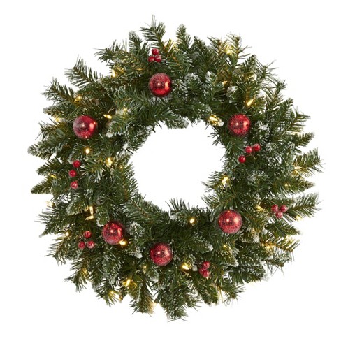 Nearly Natural 24" Pre-lit LED Frosted Pine Decorated Artificial Christmas Wreath Green with Warm White Lights - image 1 of 4