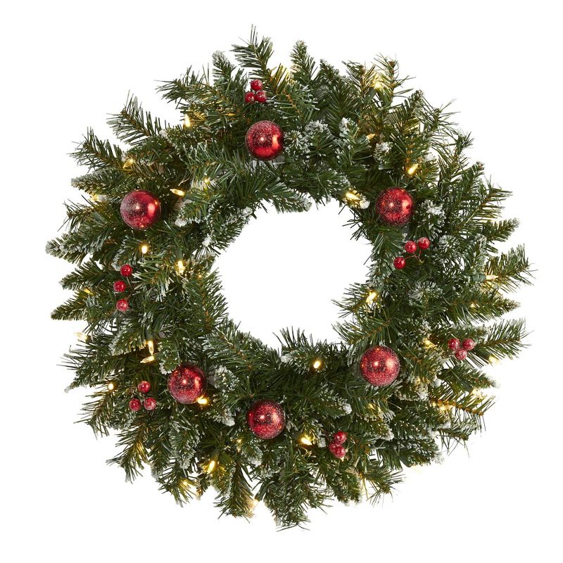 Nearly Natural 24&#34; Pre-lit LED Frosted Pine Decorated Artificial Christmas Wreath Green with Warm White Lights, 1 of 6
