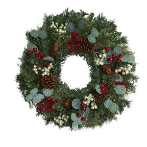 Nearly Natural 24” Eucalyptus and Pine Artificial Wreath with Berries and Pine Cones - 1 of 3