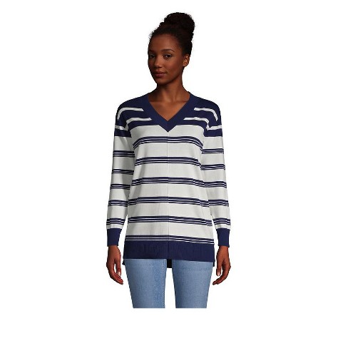 Lands' End Women's Fine Gauge Cotton V-neck Pullover Tunic Sweater - Stripe  : Target