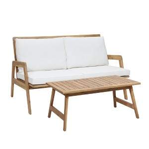 LuxenHome Outdoor Acacia Wood Coffee Table and Loveseat with Cushions - 1 of 4