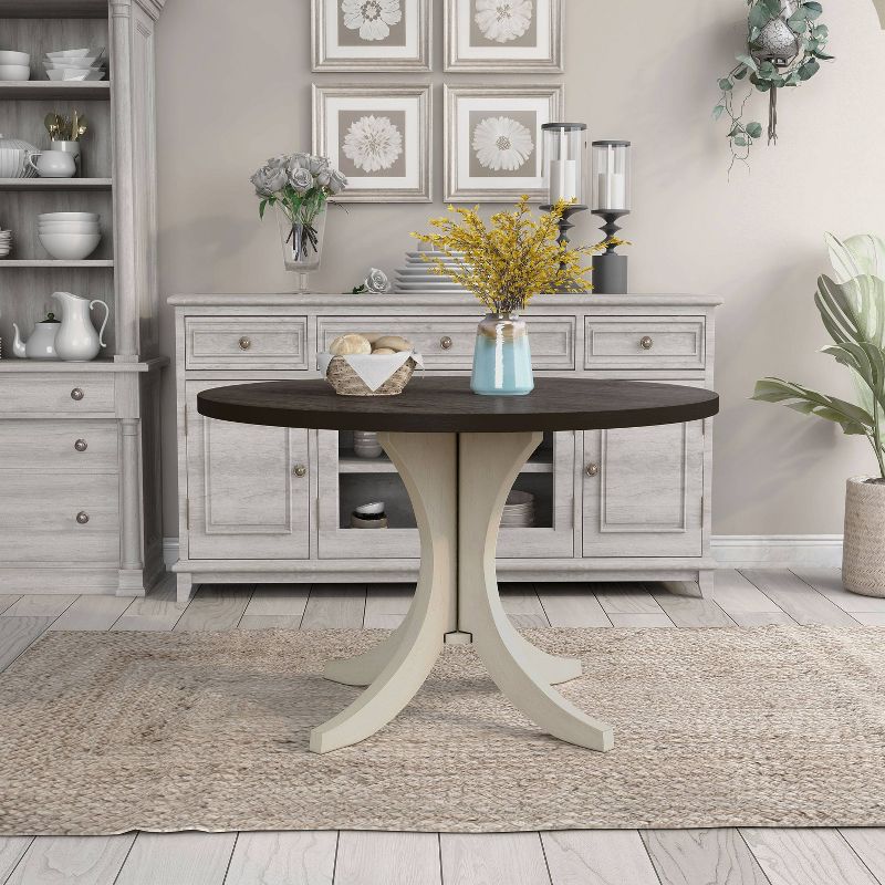 HOMES: Inside + Out 47&#34; Moonglint Round Farmhouse Dining Table Antique White/Dark Walnut, 3 of 7