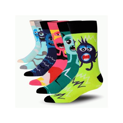 JAMES FIALLO Mens 6-Pairs Monster Mania Splashy Stripes Colorful Patterned Crew Dress Socks