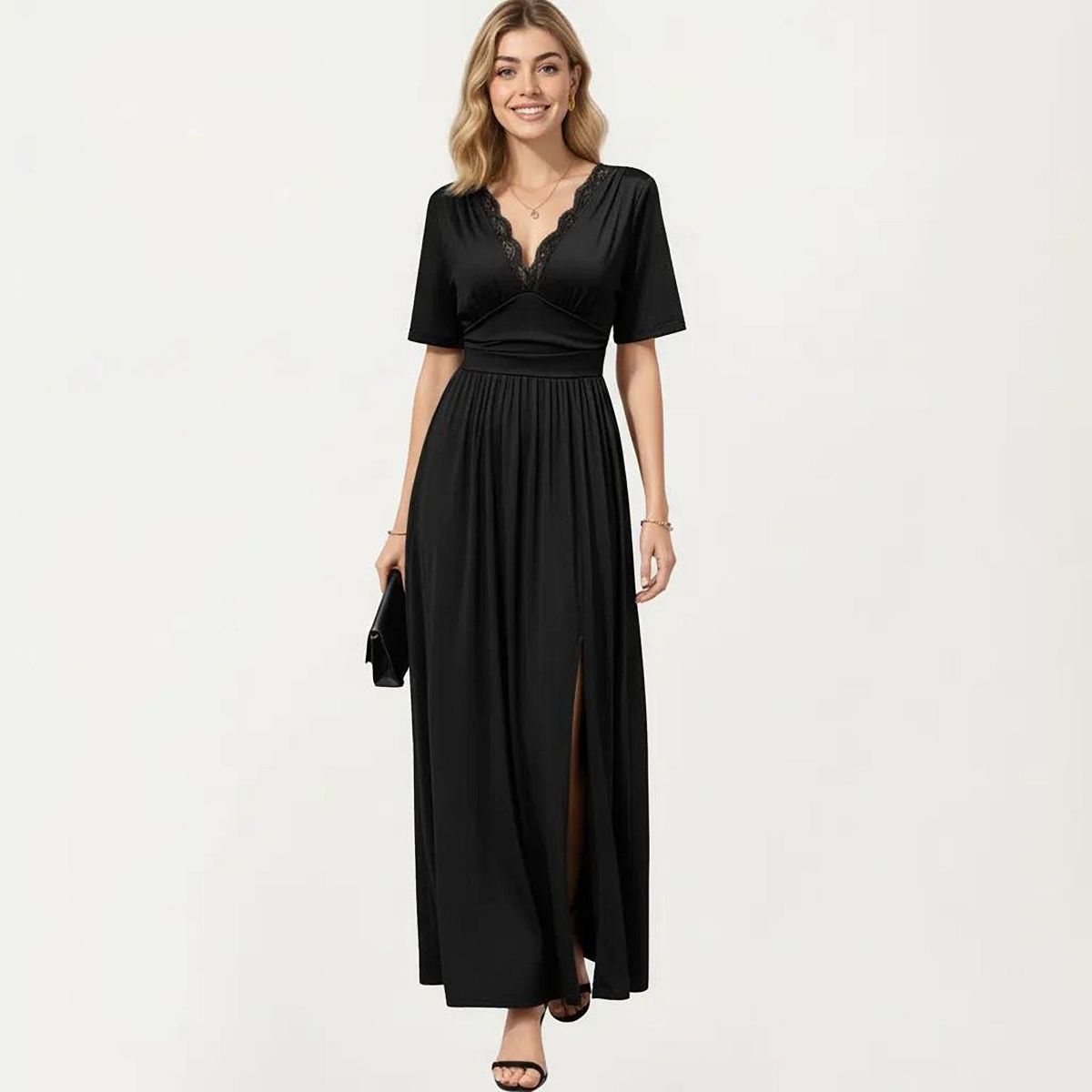 Anna-Kaci Short Sleeve Lace Trim Maxi Dress with V Neckline and Side Slit - thumbnail 2