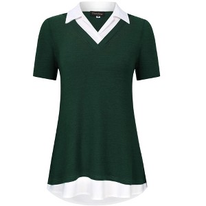 Clearlove Women's Long Sleeve Contrast Collared Shirts Patchwork Work Blouse Tunics Tops - 1 of 4