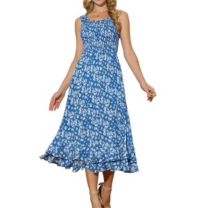 INSPIRE CHIC Women's Summer Scoop Neck Sleeveless Ruffle Hem Side Pockets Tiered Floral Midi Dress - 1 of 4